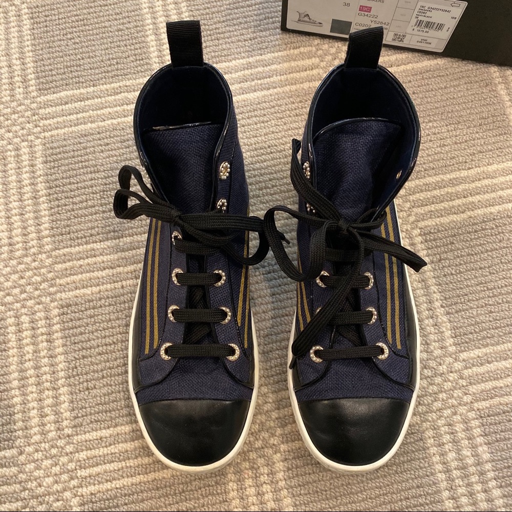 Chanel Navy High Top Sneakers With Gold Stripe - Picture 3 of 10
